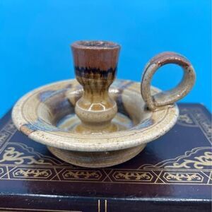 Pottery Tapered Candle Holder with Finger Handle, Signed by Artist